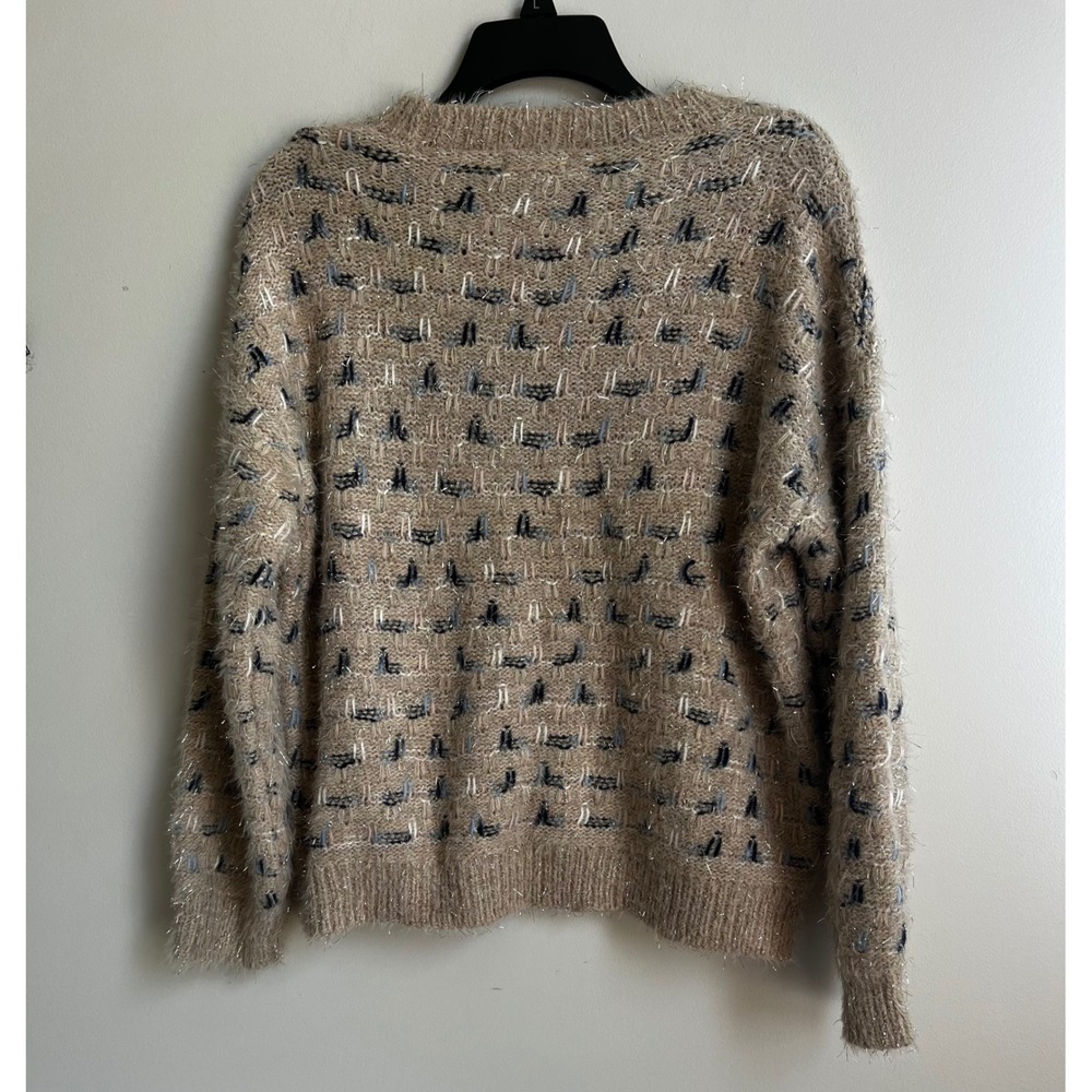 Maurice's Sweater Women's S Small Pullover Beige Blue Crew Neck Silver Tinsel - Picture 2 of 9